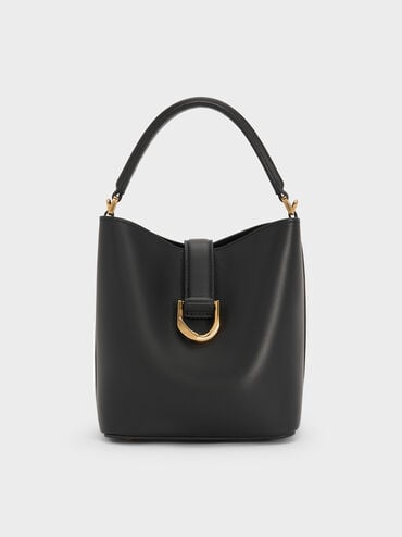 Gabine Leather Belted Top-Handle Bucket Bag, Black, hi-res
