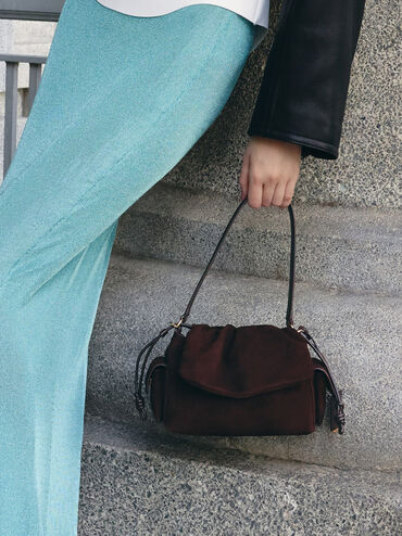 Khai Recycled Suede Ruched-Flap Side-Pocket Top Handle Bag, Espresso Brown, hi-res