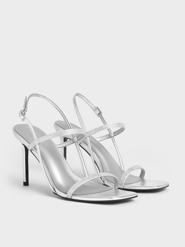 Arona Metallic Crystal Stiletto Sandals, Silver, hi-res