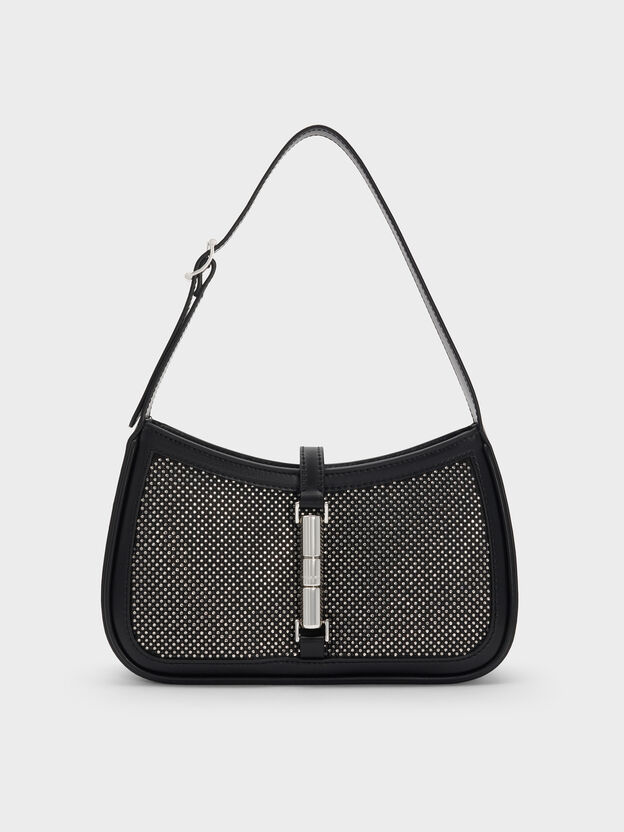 Cesia Satin Crystal Metallic-Accent Shoulder Bag, Lustrous Noir, hi-res
