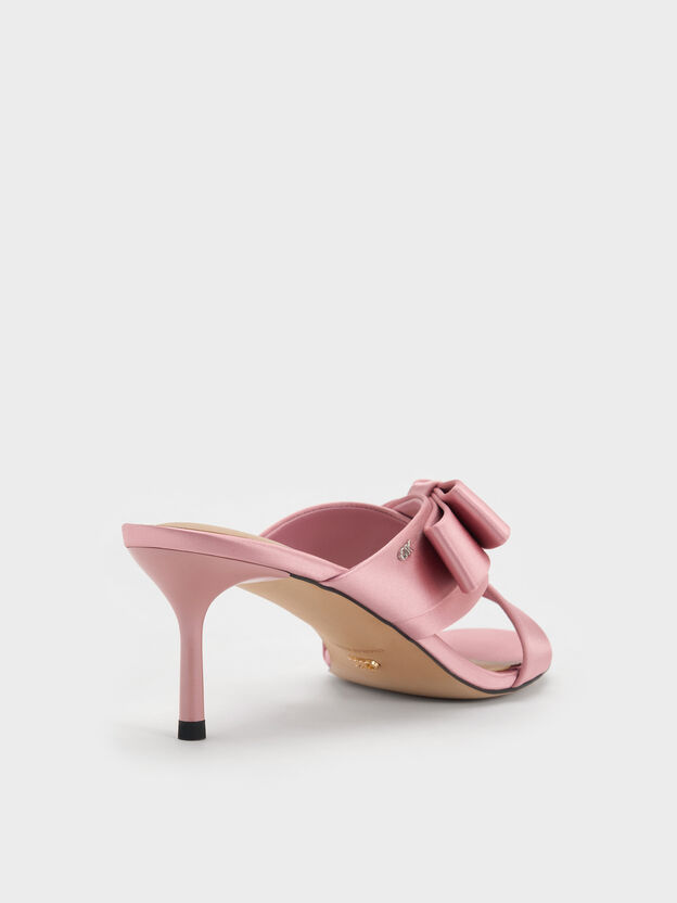 Pleated-Bow Heeled Mules, Pink, hi-res