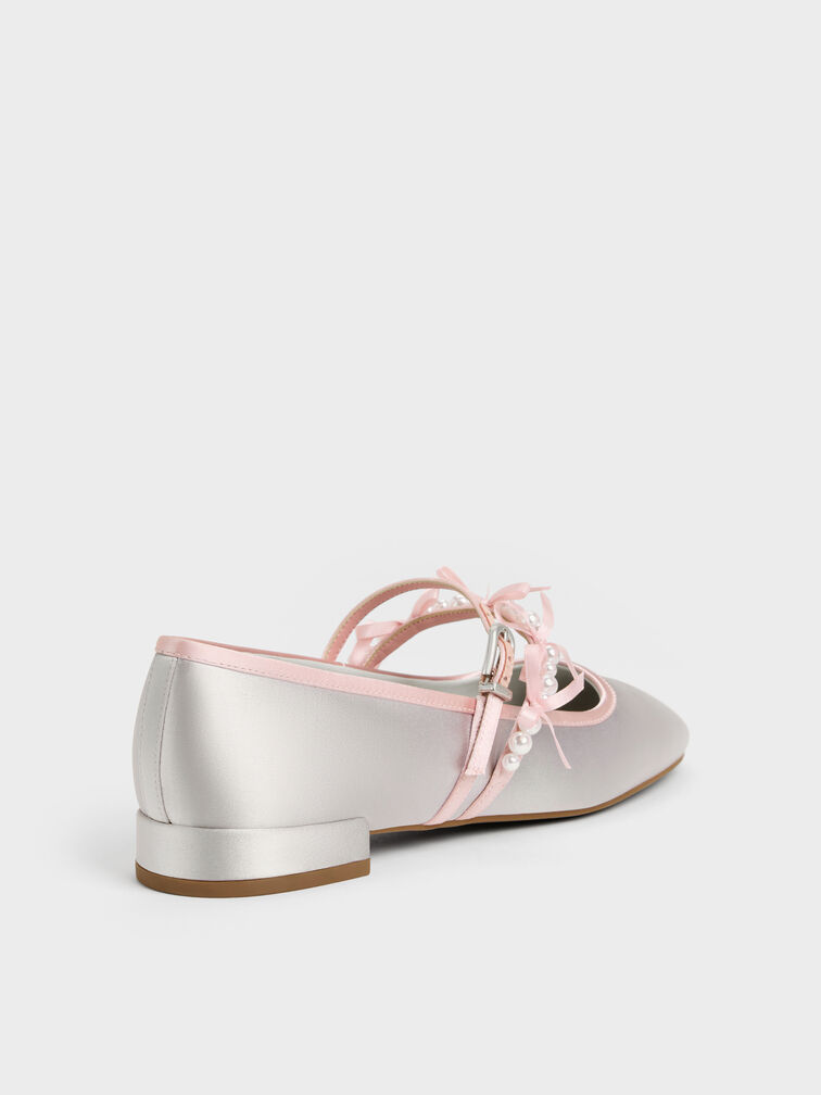 Noelie Satin Pearl-Bow Mary Janes, Silver, hi-res