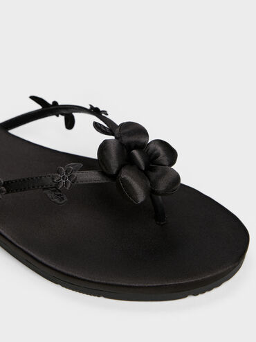 Puffy Flower Thong Sandals, Black Textured, hi-res