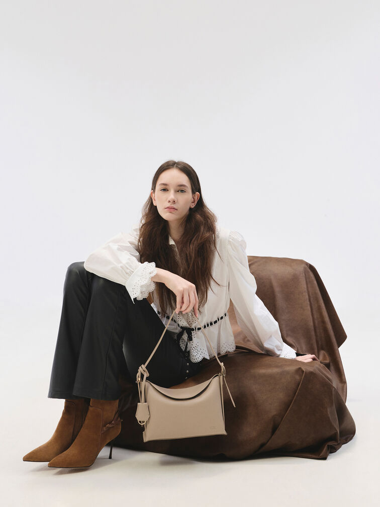 Leather Top-Flap Hobo Bag, Taupe, hi-res