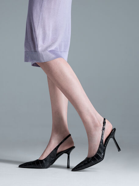 Croc-Effect Pointed Slingback Pumps, Animal Print Black, hi-res