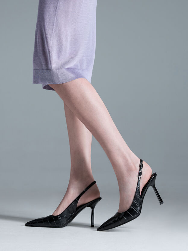 Croc-Effect Pointed Slingback Pumps, Animal Print Black, hi-res
