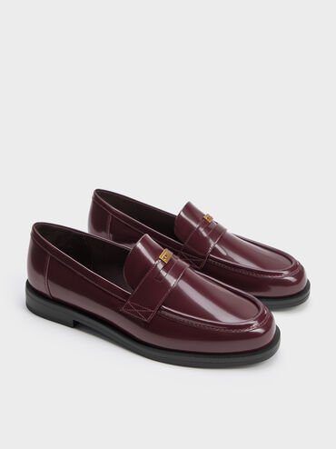 Georgina Leather Metallic-Accent Penny Loafers, Burgundy, hi-res