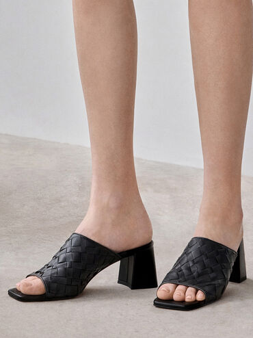 Ivette Woven Square-Toe Heeled Mules, Black, hi-res