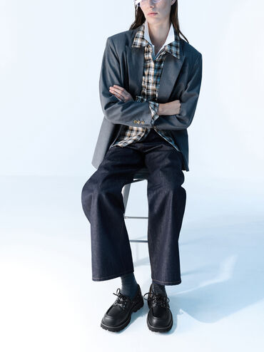 Ridged-Sole Boat Shoes, Black, hi-res