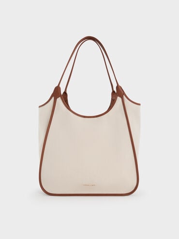 Sianna Canvas Contrast-Trim Tote Bag, Taupe Canvas, hi-res