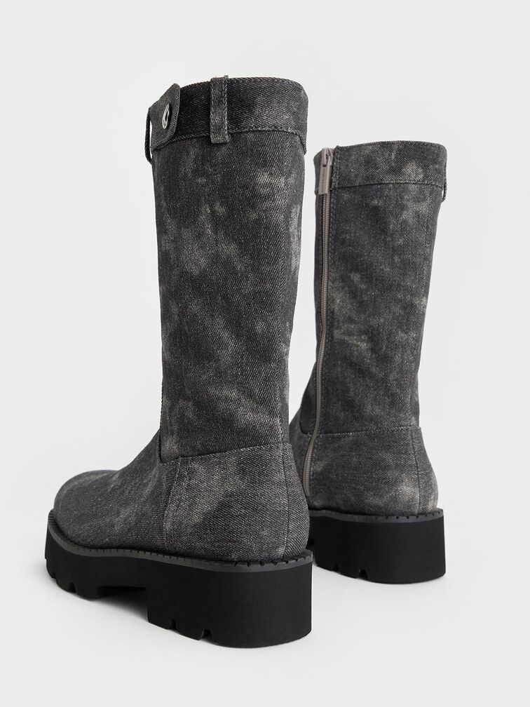 Denim Side-Zip Lug-Sole Calf Boots, Dark Grey, hi-res