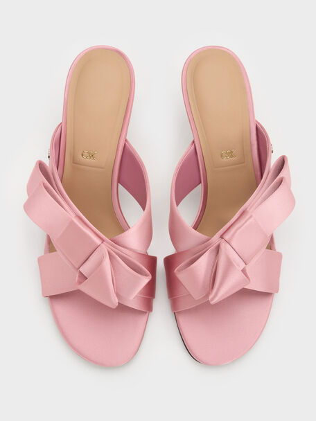 Pleated-Bow Heeled Mules, Pink, hi-res