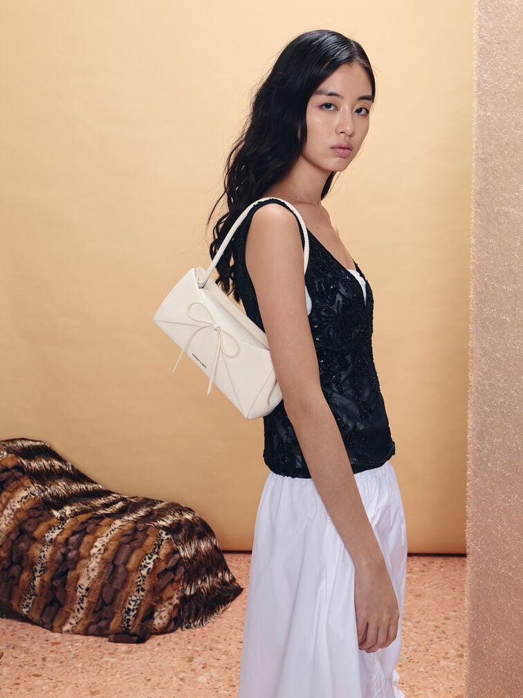 Hazel Bow Panelled Shoulder Bag, Cream, hi-res