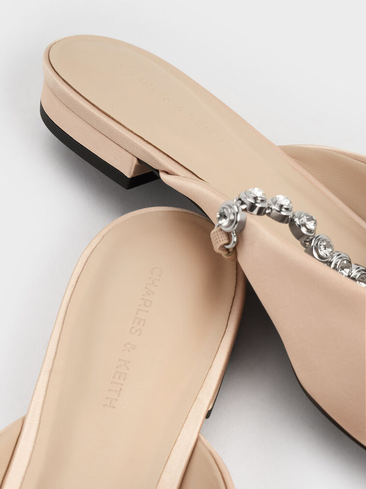 Flores Recycled Polyester Gem-Strap Metallic Flat Mules, Beige, hi-res