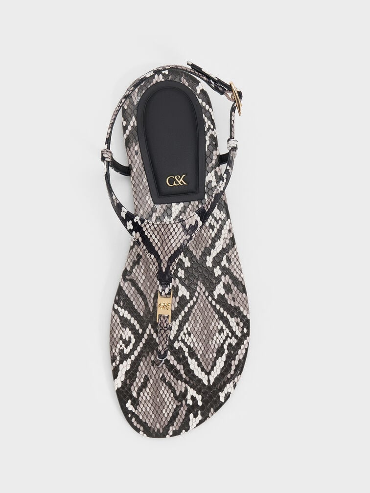 Leather Snake-Print T-Bar Thong Sandals, Animal Print Grey, hi-res