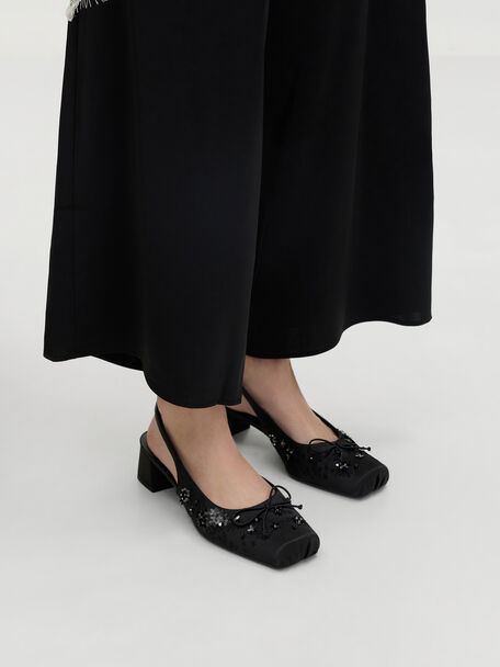 Sadira Satin Embroidered Sequinned Slingback Pumps, Black Textured, hi-res