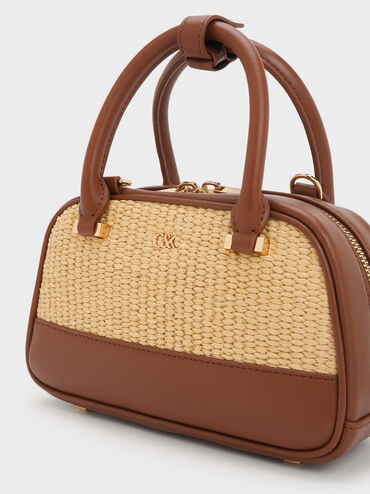 Leather & Raffia Bowling Bag, Neutral Raffia, hi-res