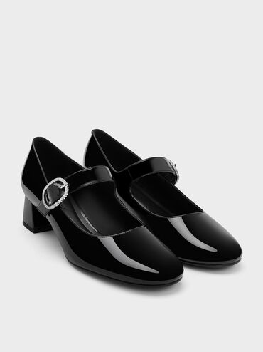 Jannie Patent Crystal-Buckle Mary Jane Pumps, Black Patent, hi-res