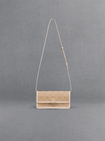 Mesh & Leather Monogram Shoulder Bag, Beige, hi-res