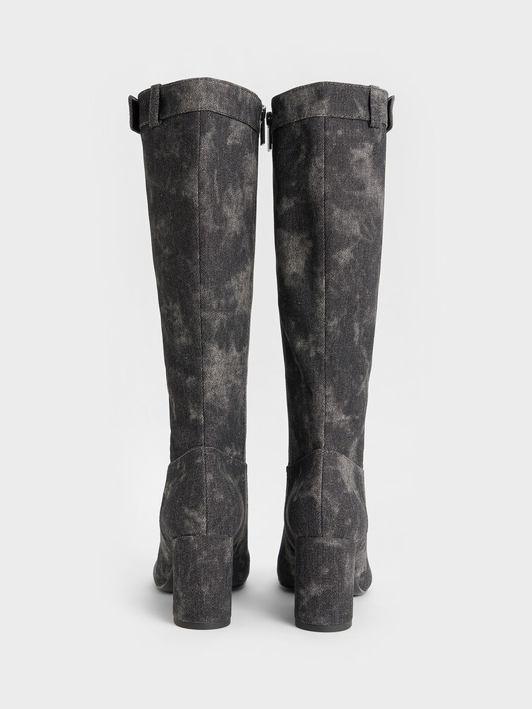Denim Block-Heel Knee-High Biker Boots, Dark Grey, hi-res