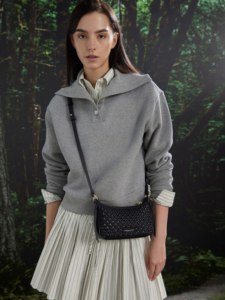 Mini Calla Woven Shoulder Bag, Black, hi-res