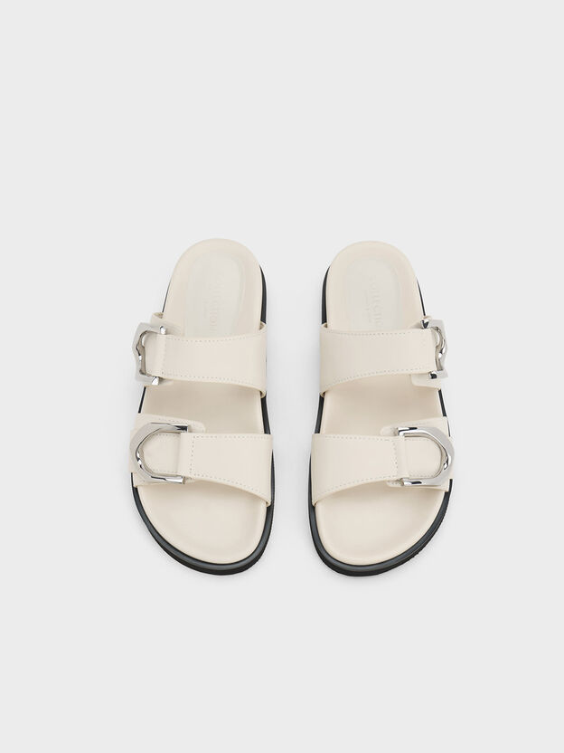 Gabine Silver-Buckle Leather Slides, Chalk, hi-res