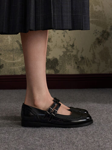 Double-Strap Brogue Mary Janes, Black Box, hi-res