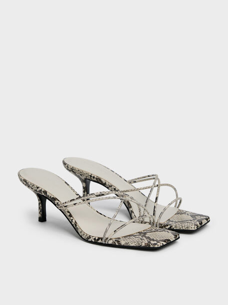 Snake-Print Strappy Heeled Sandals, Animal Print Natural, hi-res