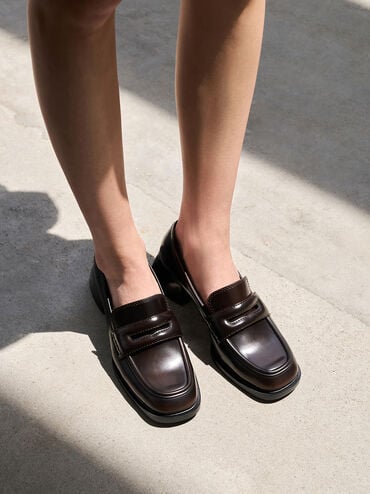 Penny Loafer Trapeze-Heel Pumps, Brown, hi-res