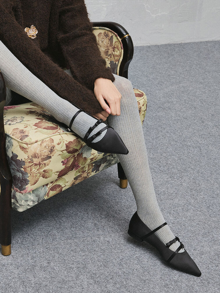 Jessy Recycled Polyester Bow Pointed-Toe Flats, Black Textured, hi-res