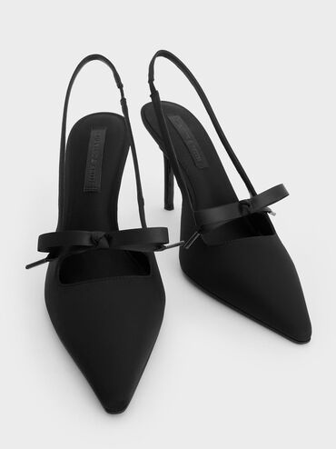 Satin Bow Pointed-Toe Slingback Pumps, Black Textured, hi-res