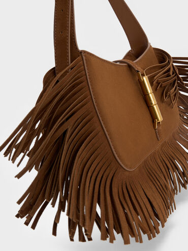 Cesia Recycled Suede Fringed Hobo Bag, Sienna Brown, hi-res