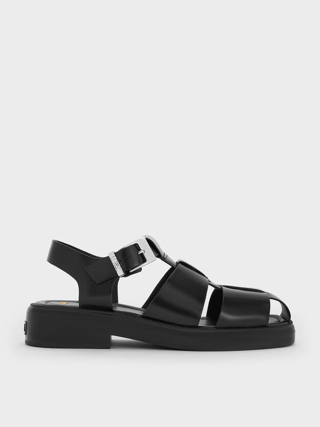 Leather Caged Sandals, Black, hi-res