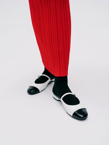 Pearl-Embellished Cap-Toe Flat Mules, White, hi-res