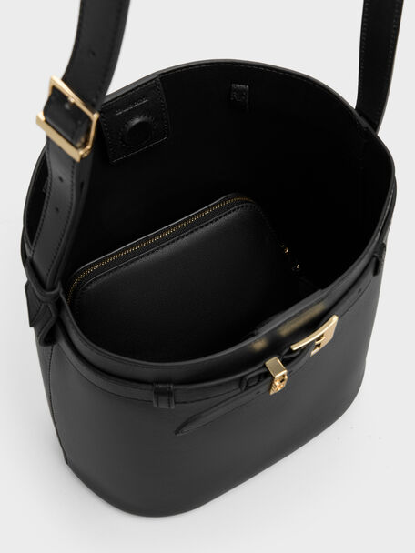 Jody Leather Belted Bucket Bag, Black, hi-res