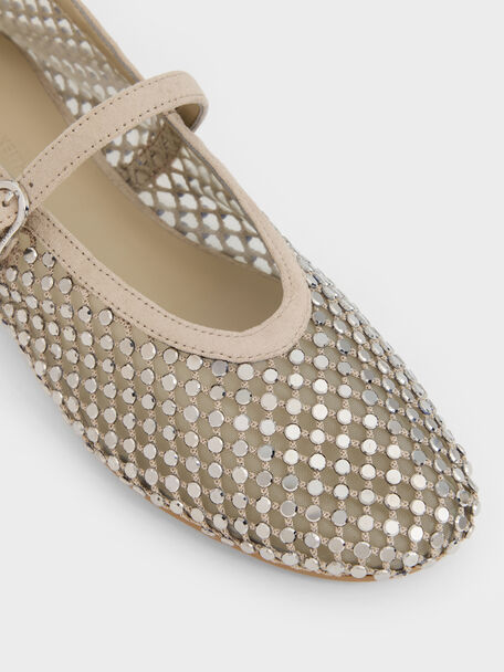 Maggie Mesh Crystal Mary Janes, Taupe, hi-res