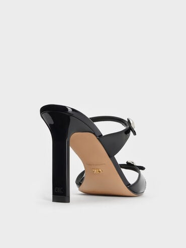 Patent Leather Gem-Buckle Double-Strap Heeled Sandals, Black Patent, hi-res