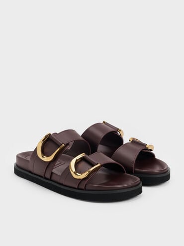 Gabine Gold-Buckle Leather Slides, Plum, hi-res