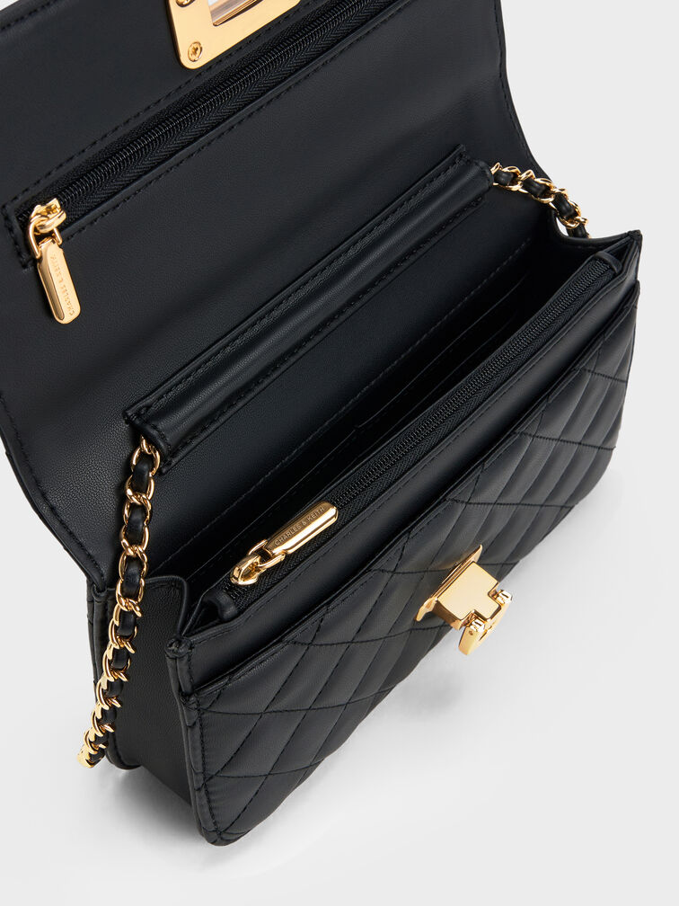 Cressida Quilted Push-Lock Clutch, Black, hi-res