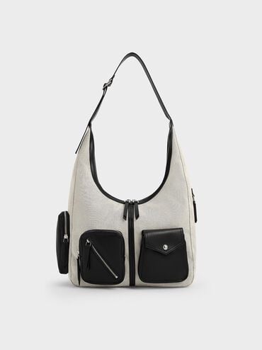 Thora Canvas Multi-Pocket Hobo Bag, Multi, hi-res