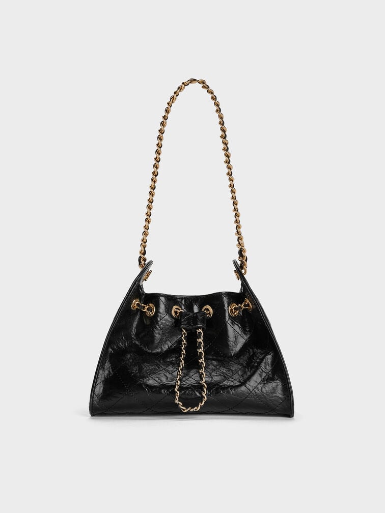 Duo Quilted Drawstring Bucket Bag, Black, hi-res
