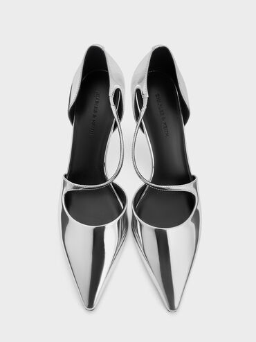 Metallic Asymmetric-Strap D’Orsay Stiletto Pumps, Silver, hi-res