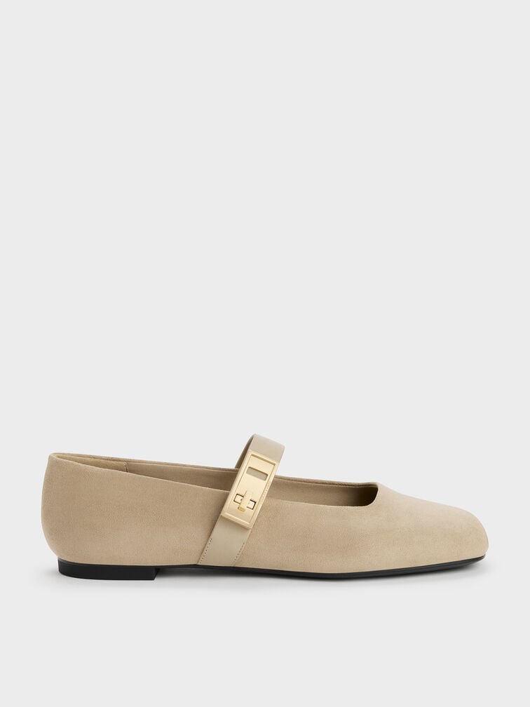 Lando Faux Suede Mary Jane Flats, Beige, hi-res