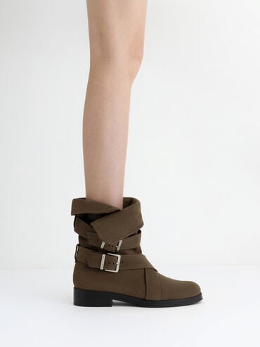 Brett Faux Suede Buckle-Strap Calf Boots, Dark Brown Textured, hi-res