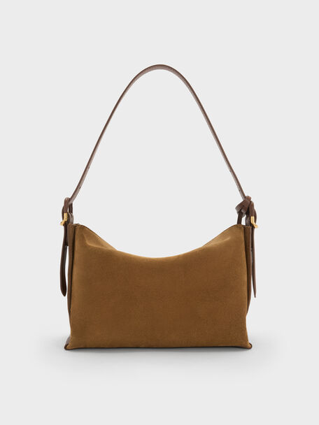 Leather & Suede Top-Flap Hobo Bag, Brown, hi-res