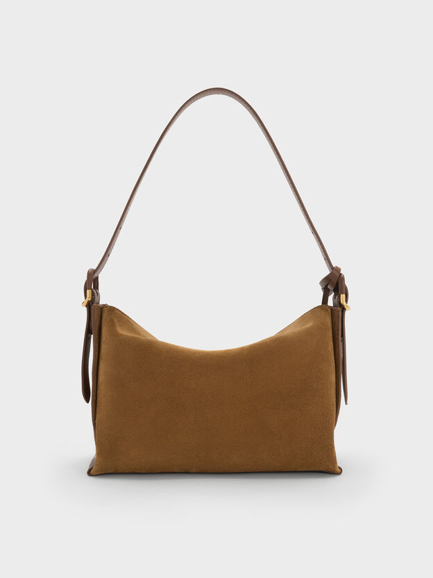 Leather & Suede Top-Flap Hobo Bag, Brown, hi-res