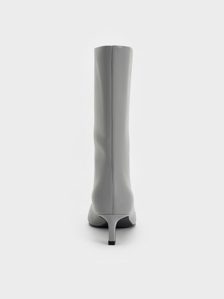 Elongated Tapered-Toe Kitten-Heel Calf Boots, Grey, hi-res