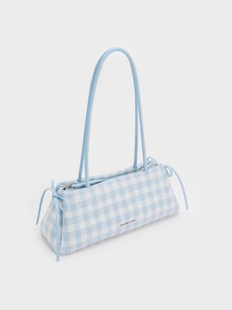 Hazel Gingham Bow Elongated Shoulder Bag, Gingham Blue, hi-res