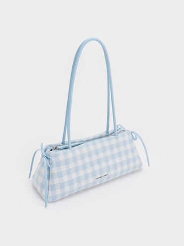 Hazel Gingham Bow Elongated Shoulder Bag, Gingham Blue, hi-res