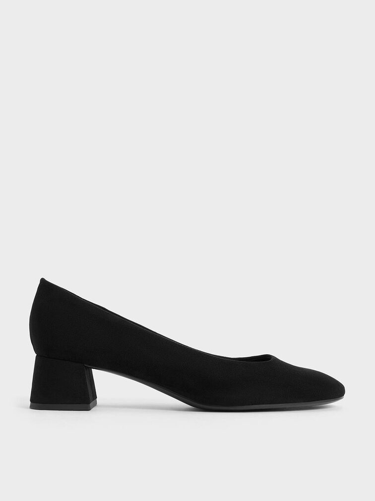 Faux Suede Round-Toe Block-Heel Pumps, Black Textured, hi-res